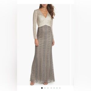 Tadashi Shoji Cream and Smoke-Gray Lace Long Sleeve Gown